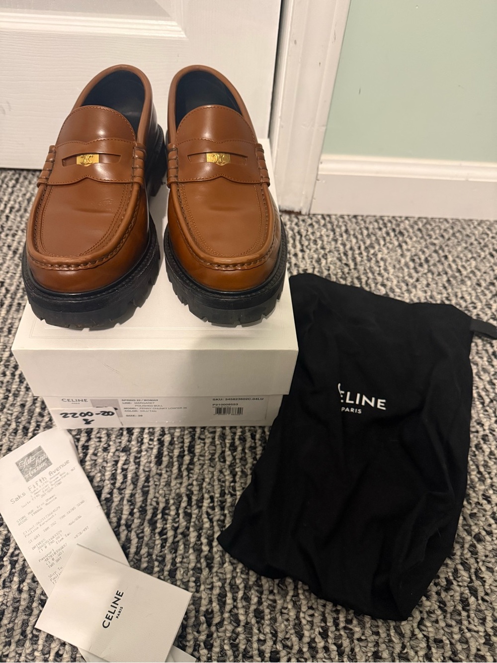 Celine Tan Leather Penny Loafers with Gold Thriomphe size 38 US 8 w/receipt - Picture 4 of 13